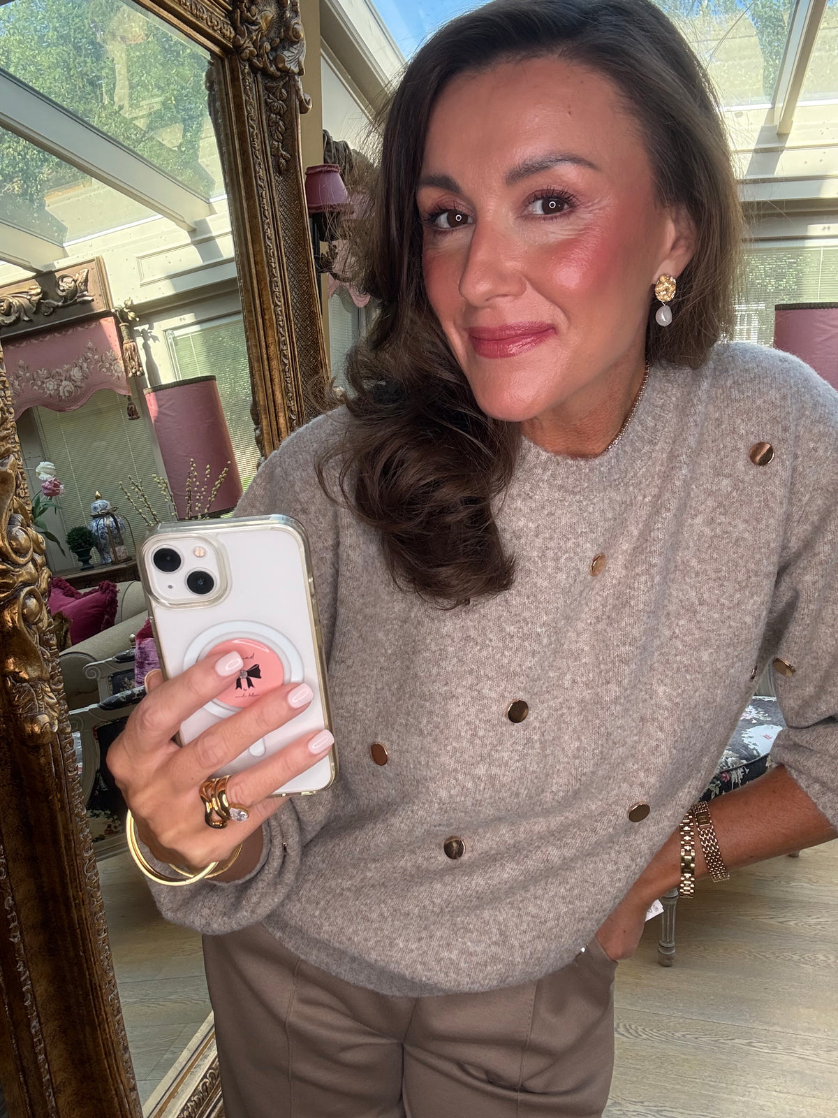 Dottie Gold Dot Jumper in Taupe