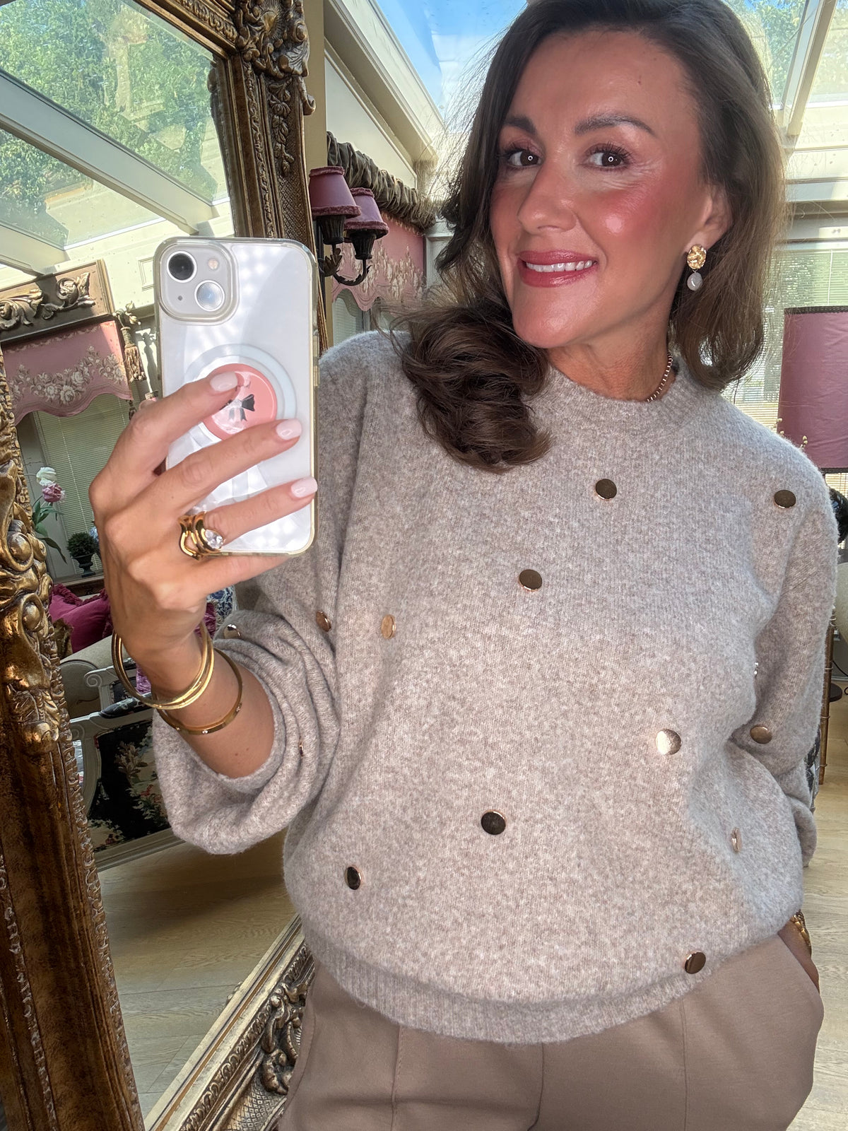 Dottie Gold Dot Jumper in Taupe