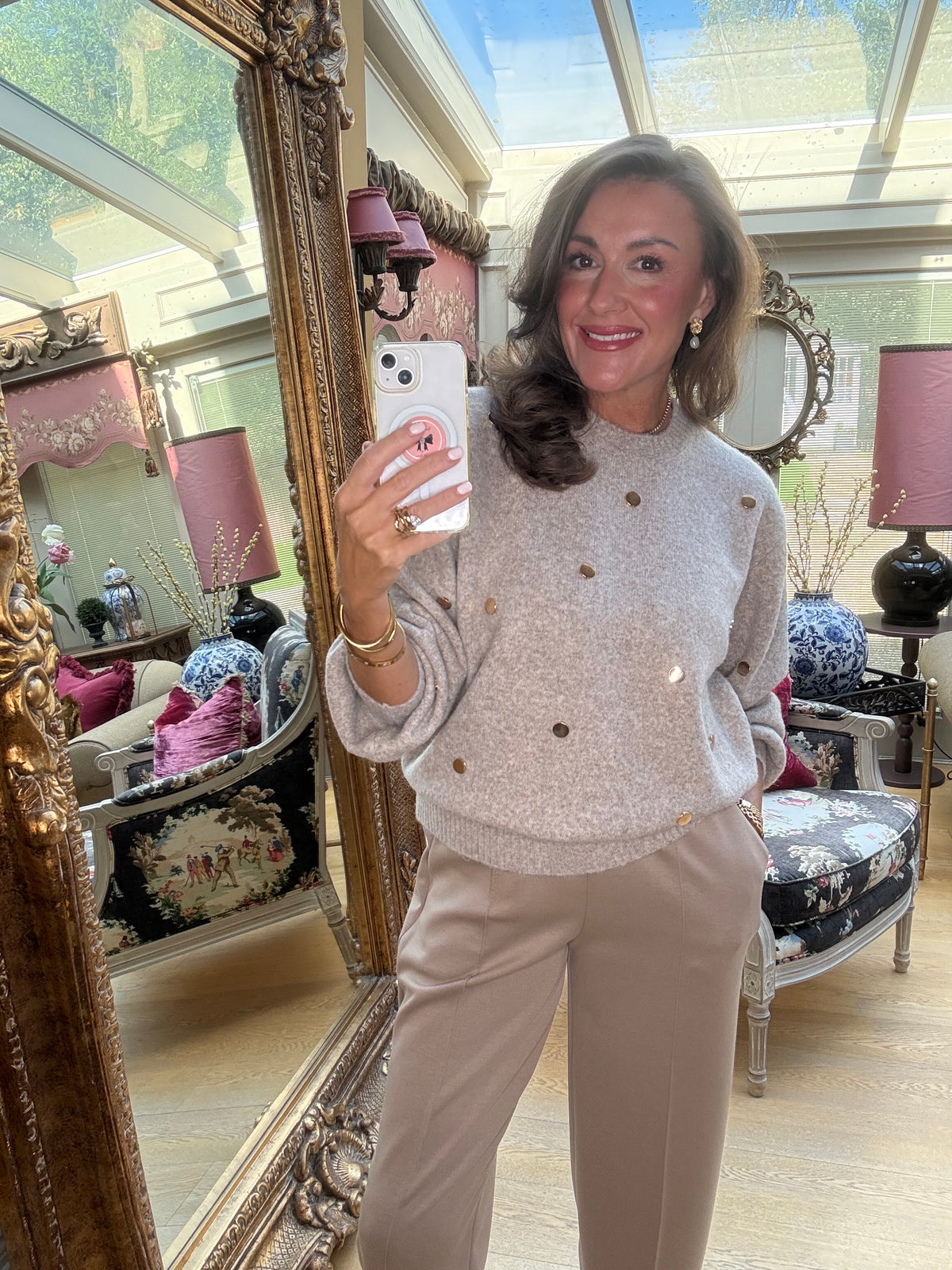 Dottie Gold Dot Jumper in Taupe