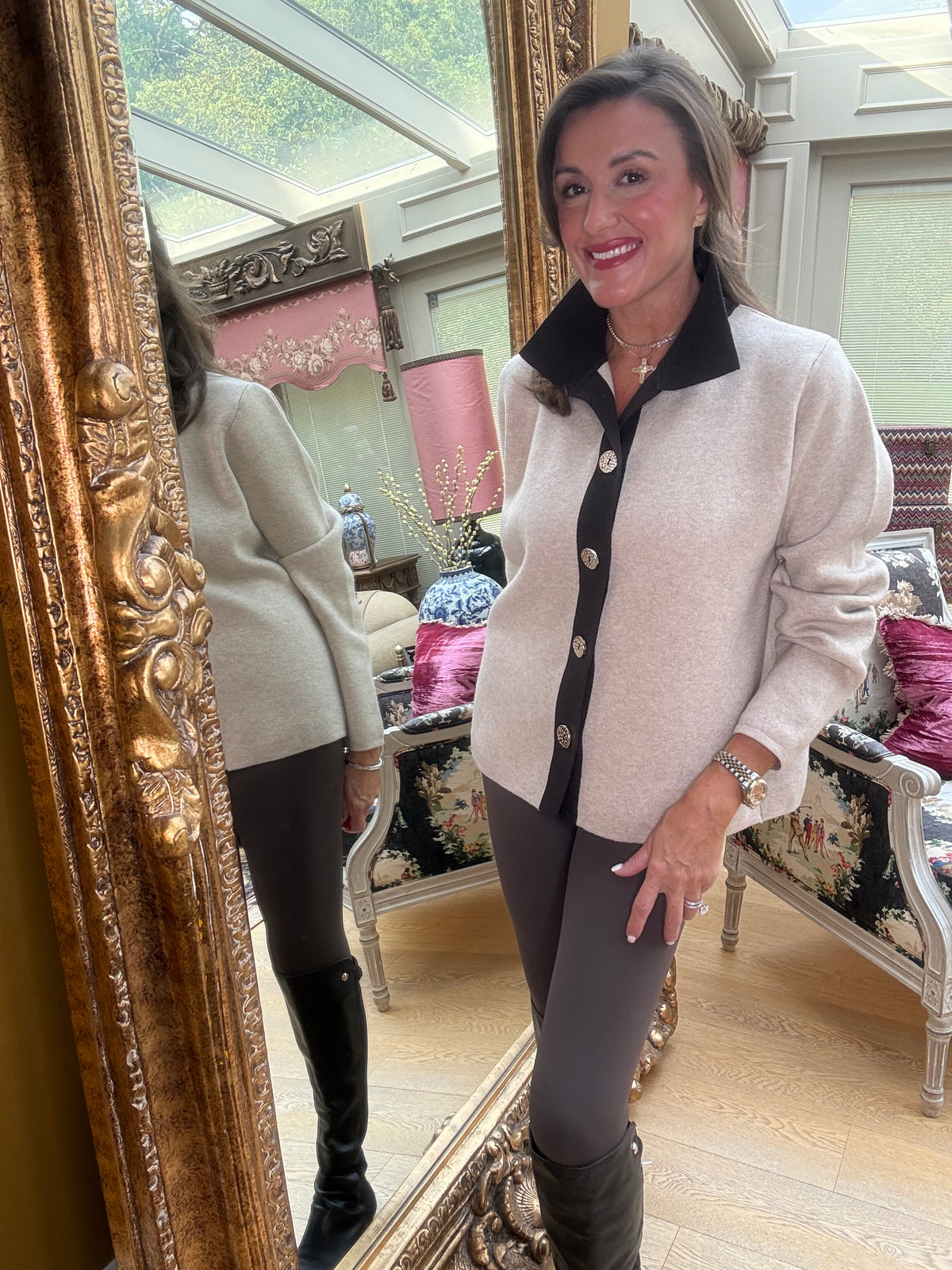 Shelby Knit Jacket in Beige and Chocolate