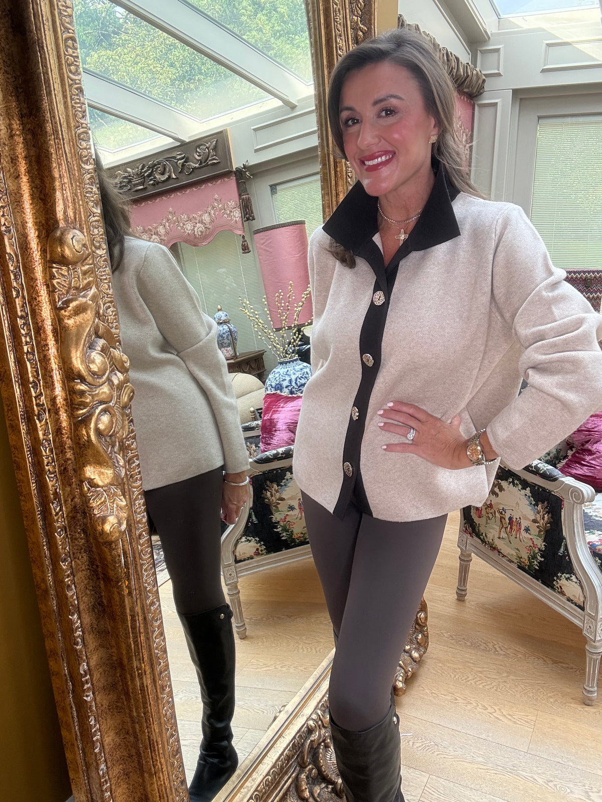 Shelby Knit Jacket in Beige and Chocolate