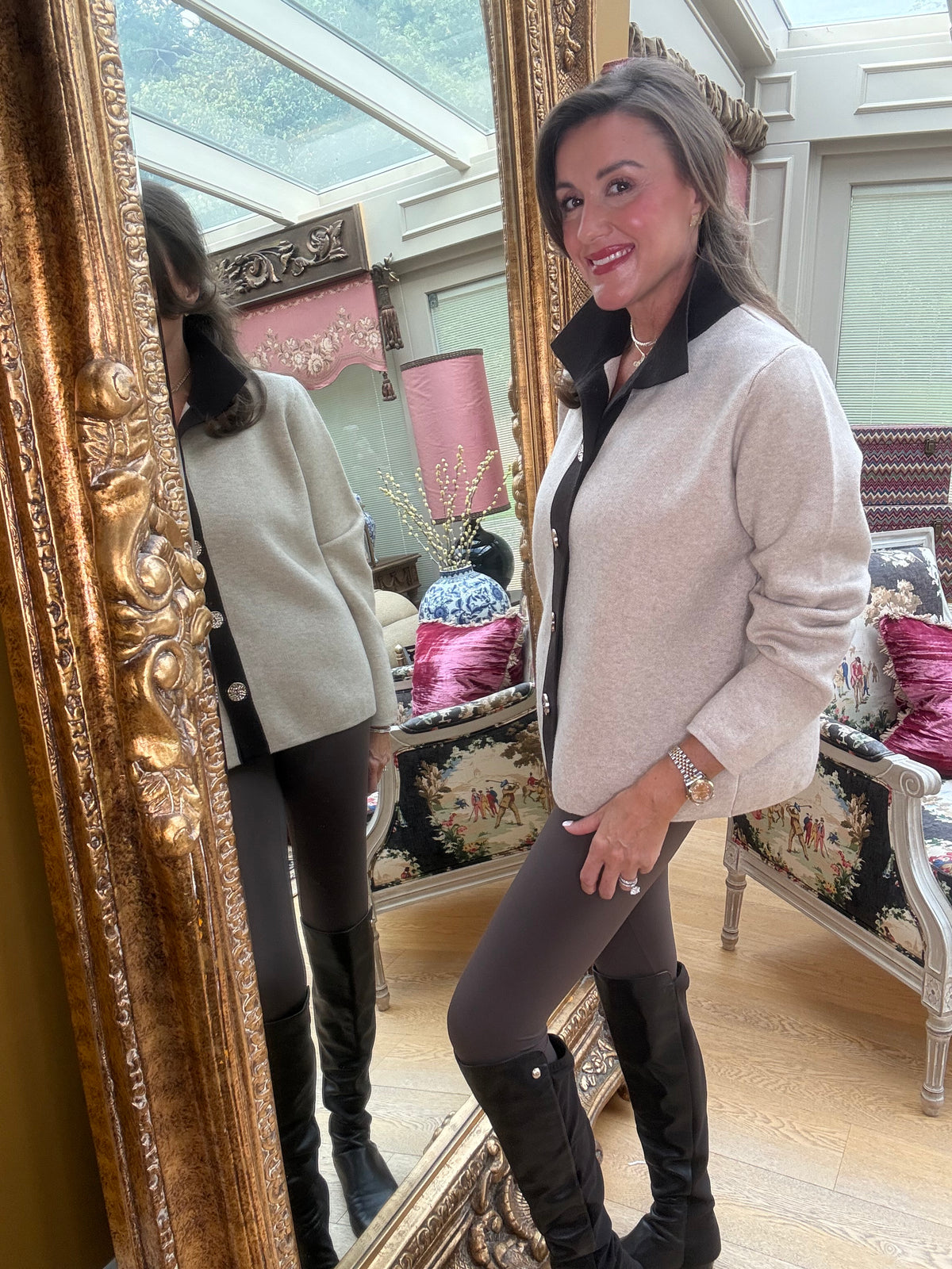 Shelby Knit Jacket in Beige and Chocolate