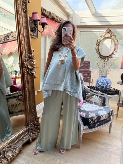 Clara Satin Palazzo Pants in Sage