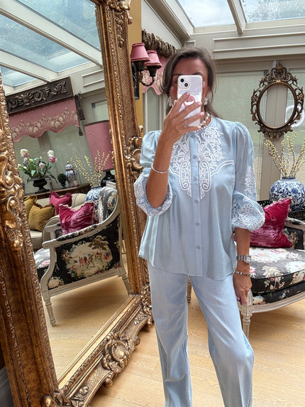 Margaux Silky Embroidered Blouse in Blue