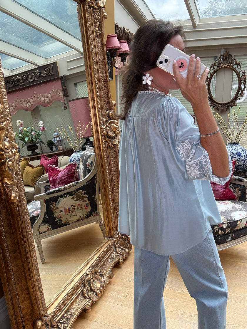 Margaux Silky Embroidered Blouse in Blue
