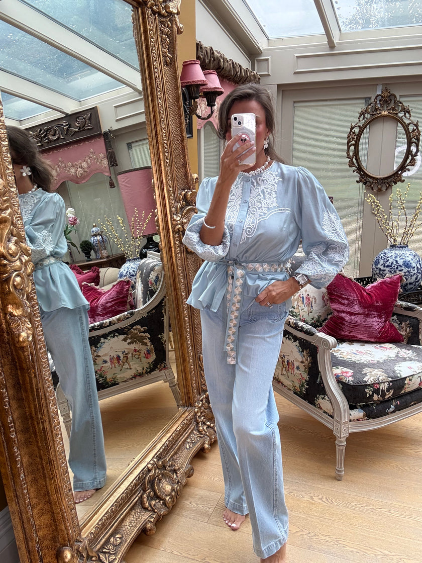 Margaux Silky Embroidered Blouse in Blue