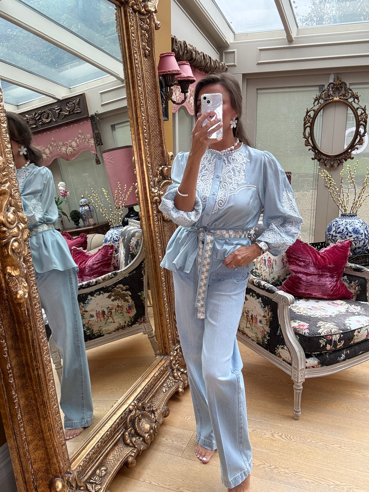 Margaux Silky Embroidered Blouse in Blue