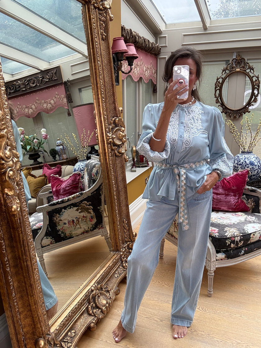 Margaux Silky Embroidered Blouse in Blue