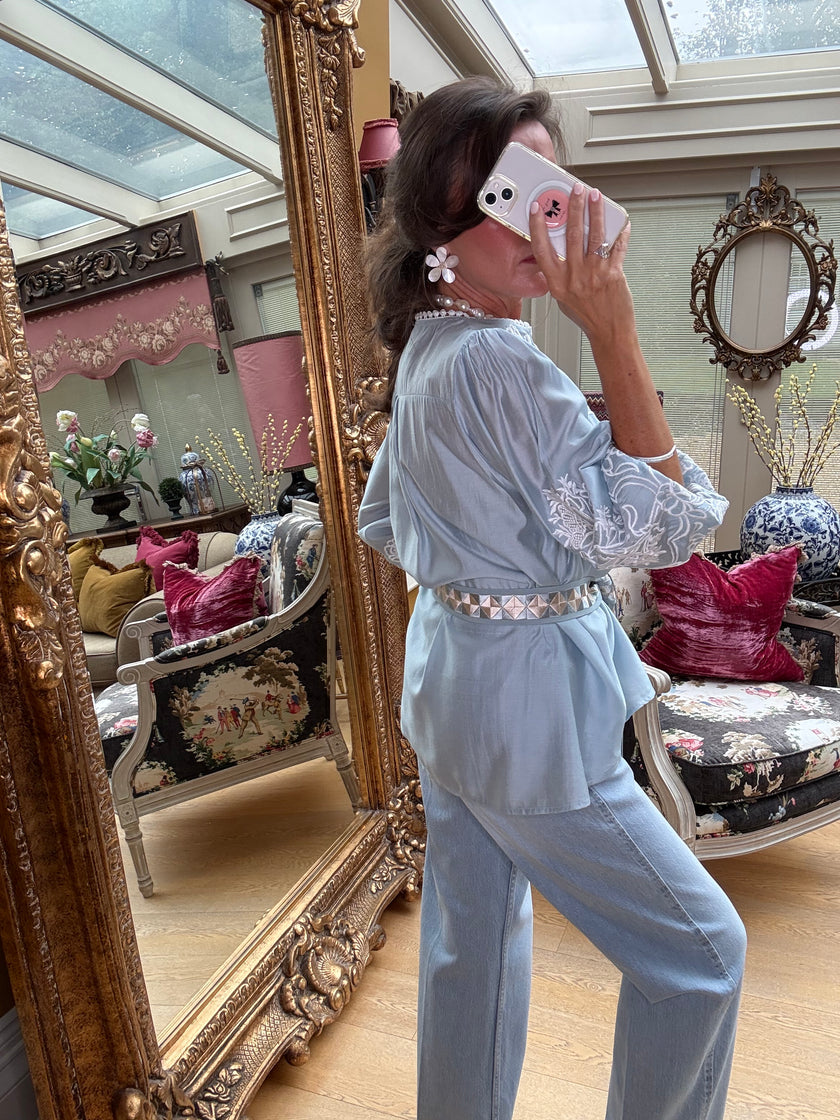 Margaux Silky Embroidered Blouse in Blue