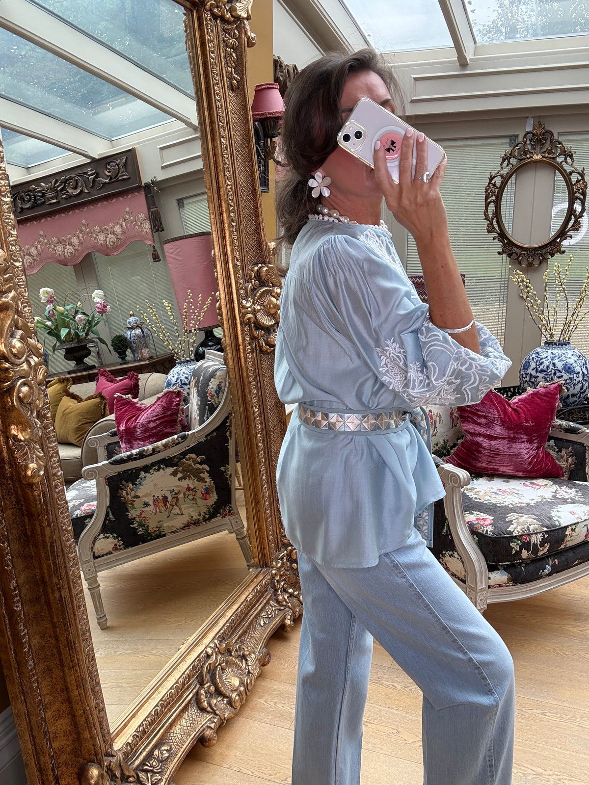 Margaux Silky Embroidered Blouse in Blue