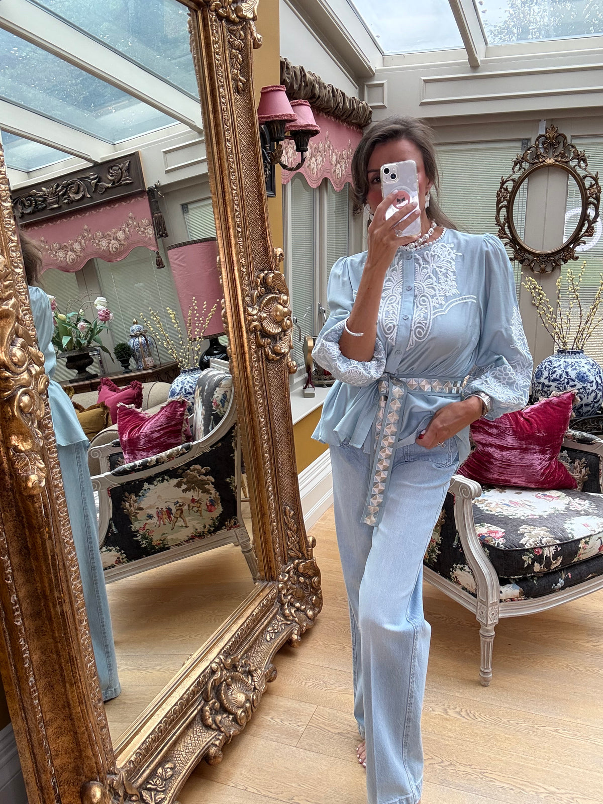 Margaux Silky Embroidered Blouse in Blue