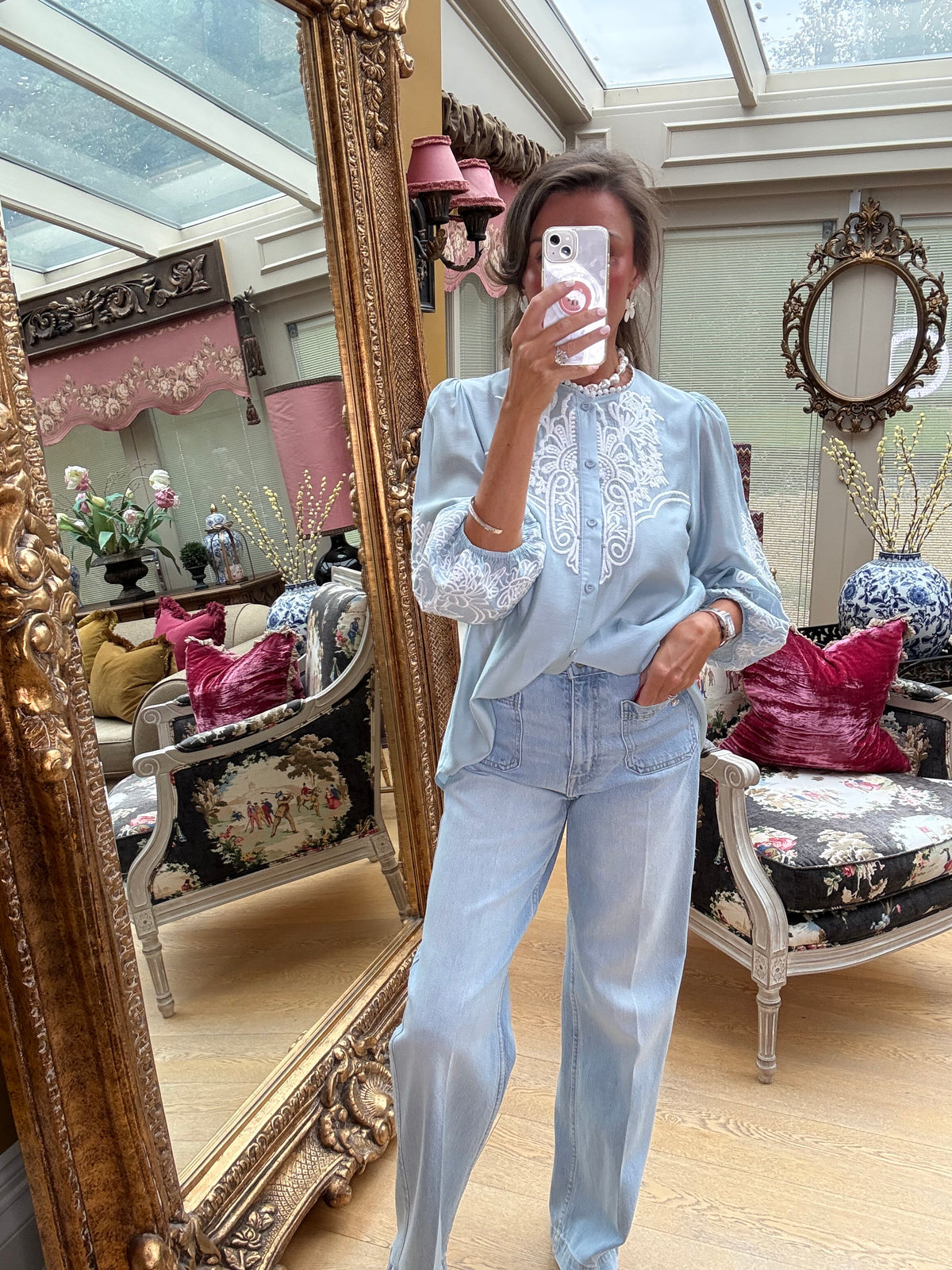 Margaux Silky Embroidered Blouse in Blue