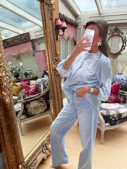 Margaux Silky Embroidered Blouse in Blue