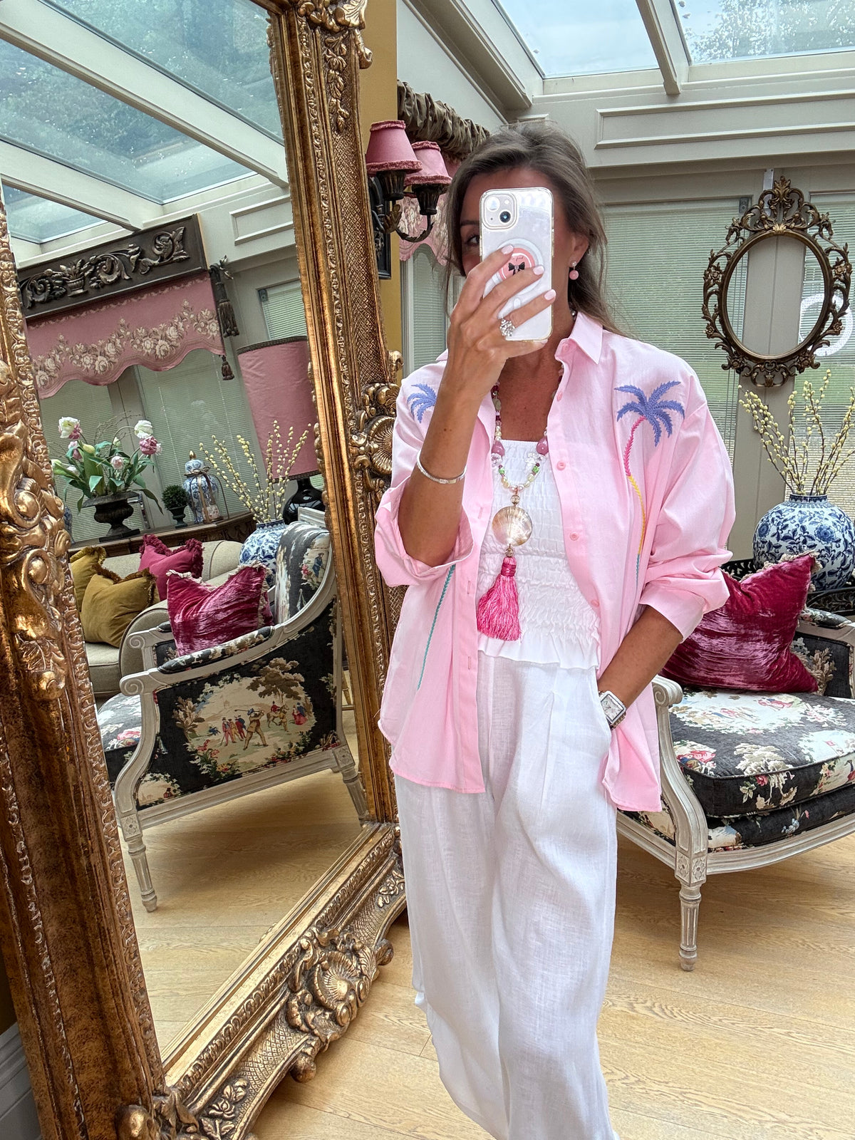 Palm Embroidered Shirt in Pink