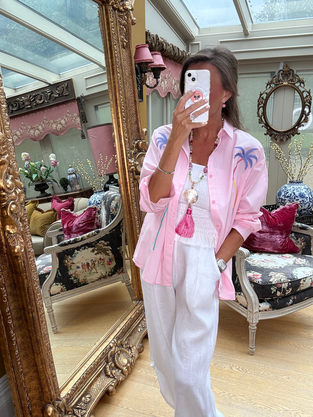 Palm Embroidered Shirt in Pink