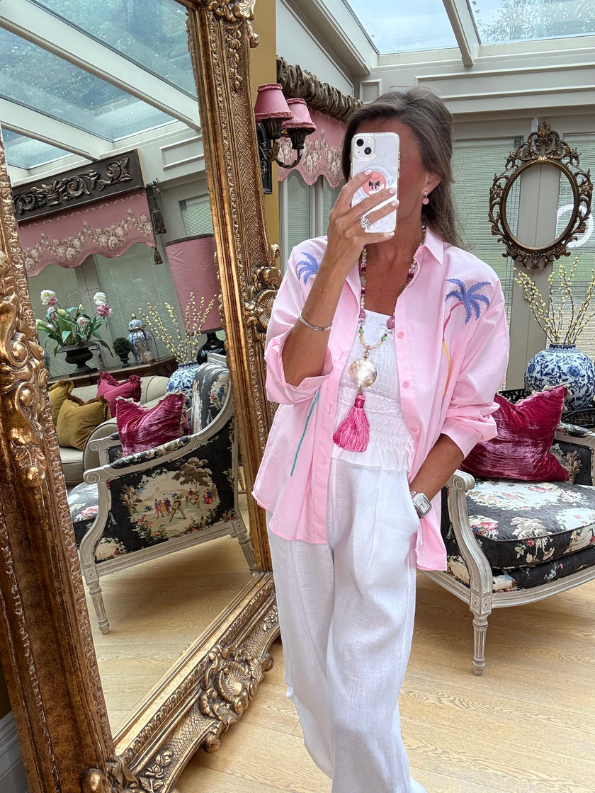 Palm Embroidered Shirt in Pink