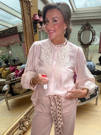 Margaux Silky Embroidered Blouse in Soft Peach