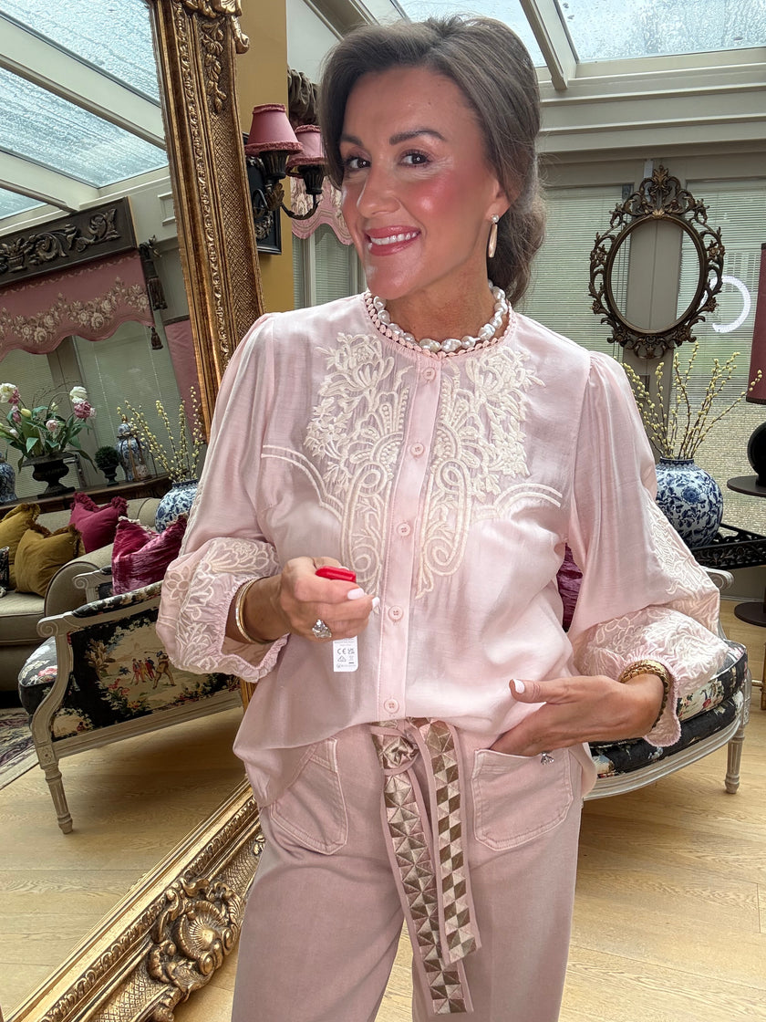 Margaux Silky Embroidered Blouse in Soft Peach
