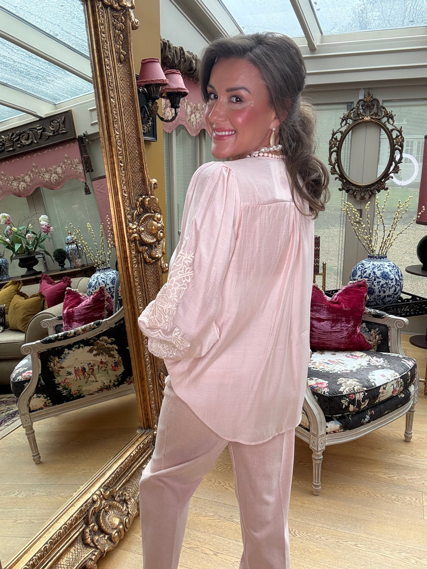 Margaux Silky Embroidered Blouse in Soft Peach