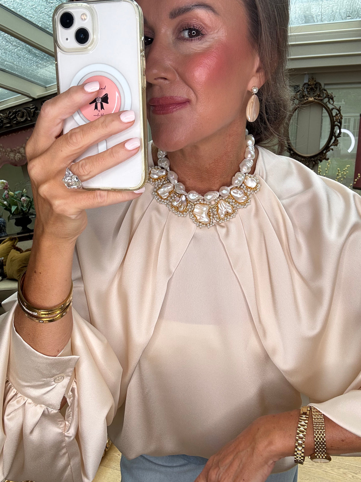 Camille Satin Draped Sleeve Blouse in Cream