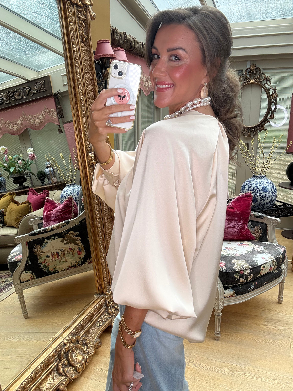 Camille Satin Draped Sleeve Blouse in Cream