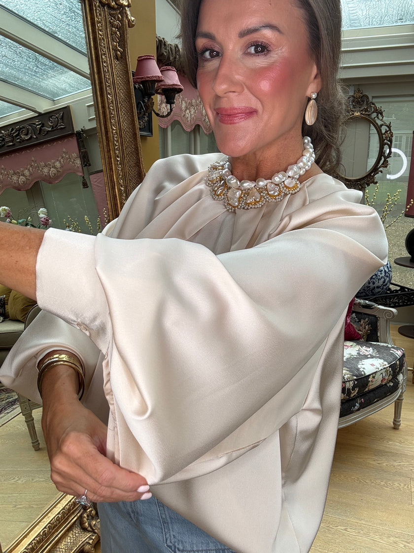Camille Satin Draped Sleeve Blouse in Cream