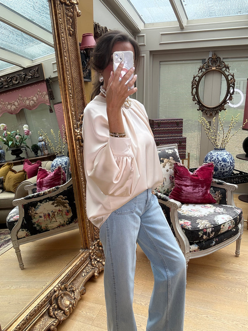 Camille Satin Draped Sleeve Blouse in Cream