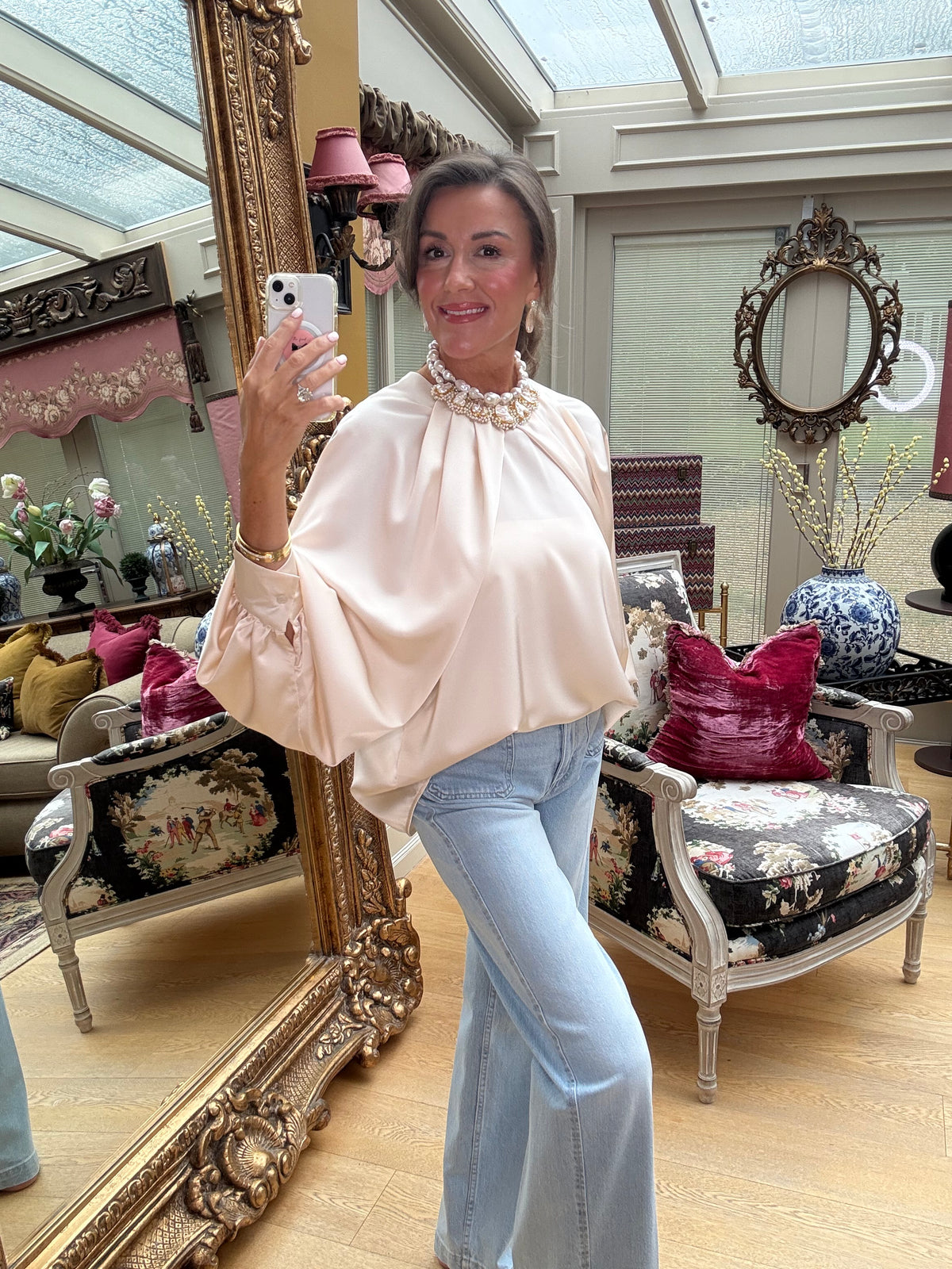Camille Satin Draped Sleeve Blouse in Cream