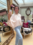 Camille Satin Draped Sleeve Blouse in Cream