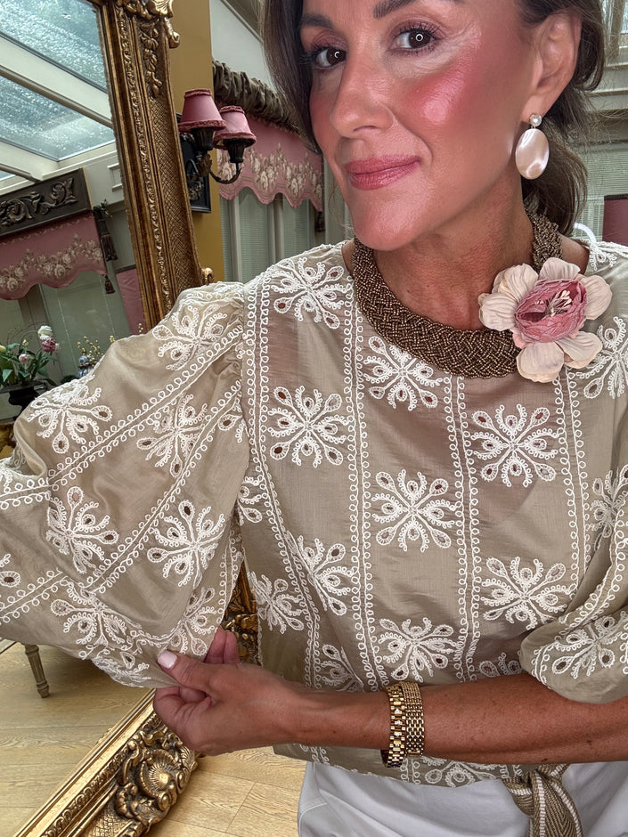 Iris Puffed Sleeve Blouse in Beige