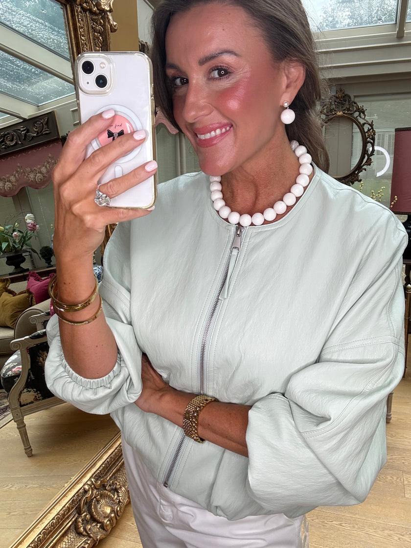 Gigi Puffball Faux Leather Jacket in Mint